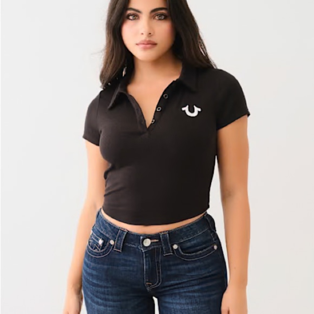True Religion Black Embroidered Cropped Ribbed Polo Shirt